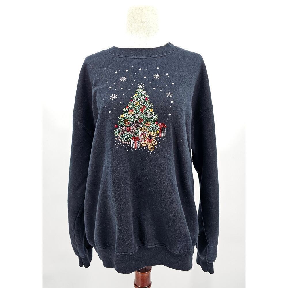 Vintage Handmade Gildan Women's M Black Christmas Tree Crewneck Sweater